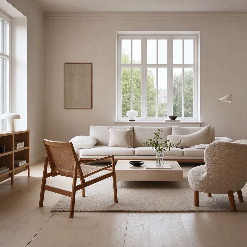The neutral room rendered in a Nordic interior language