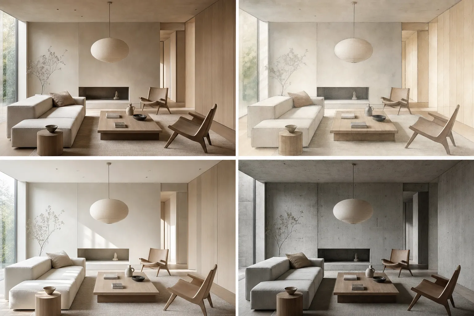 One interior shown with different rendering techniques and design languages