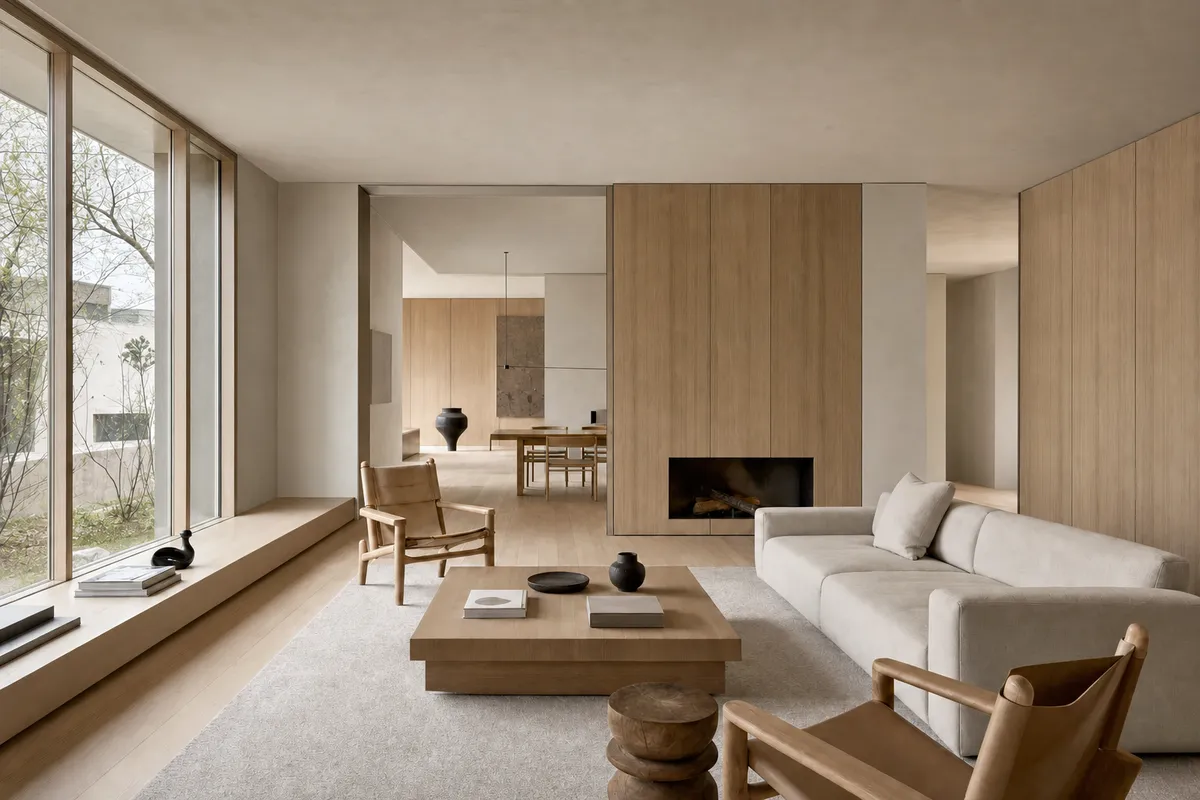 The neutral room treated as a photoreal interior render