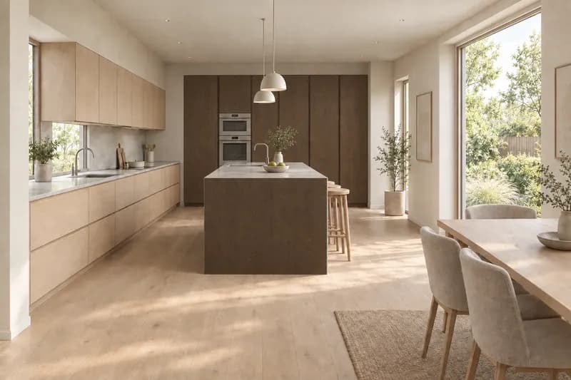 The same kitchen with dark-stained oak on the island and tall units