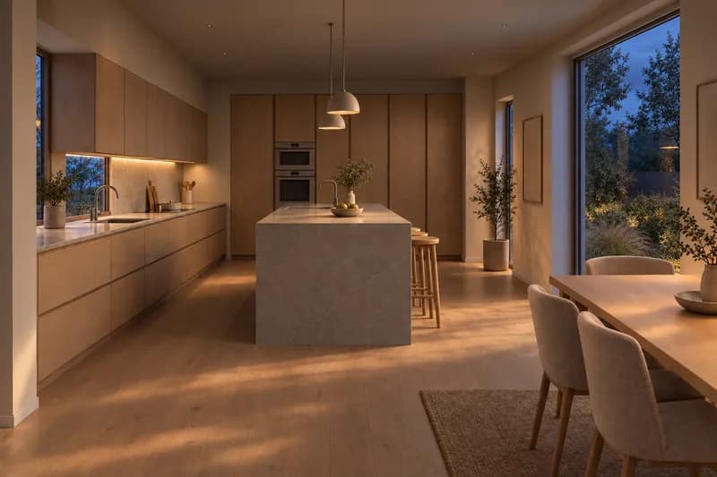 The same kitchen at blue hour with task and pendant lighting