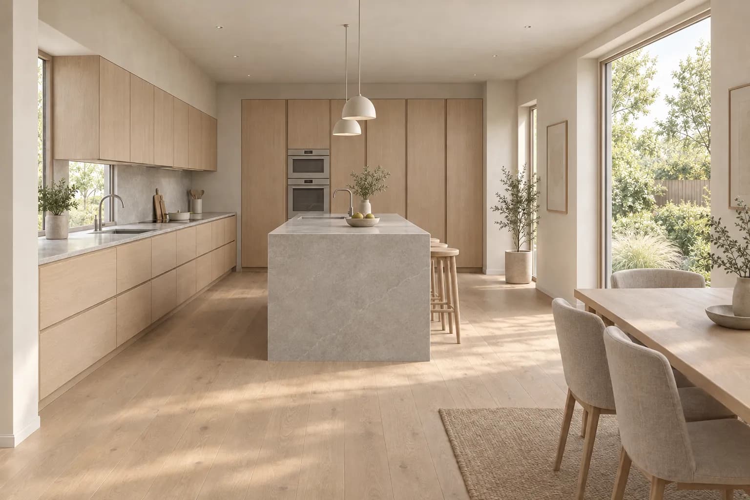 Finished pale oak kitchen render derived from the same synthetic model view