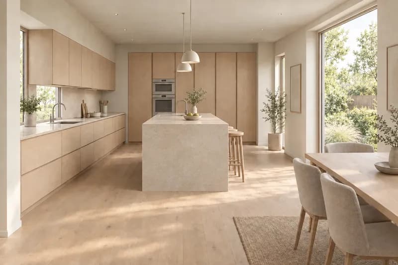 The same kitchen with warm limestone worktop and backsplash