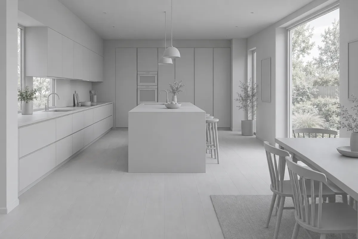 Synthetic clay model view of a kitchen and dining space before rendering
