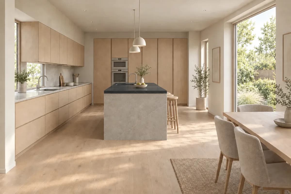 Focused worktop material edit in the same kitchen render