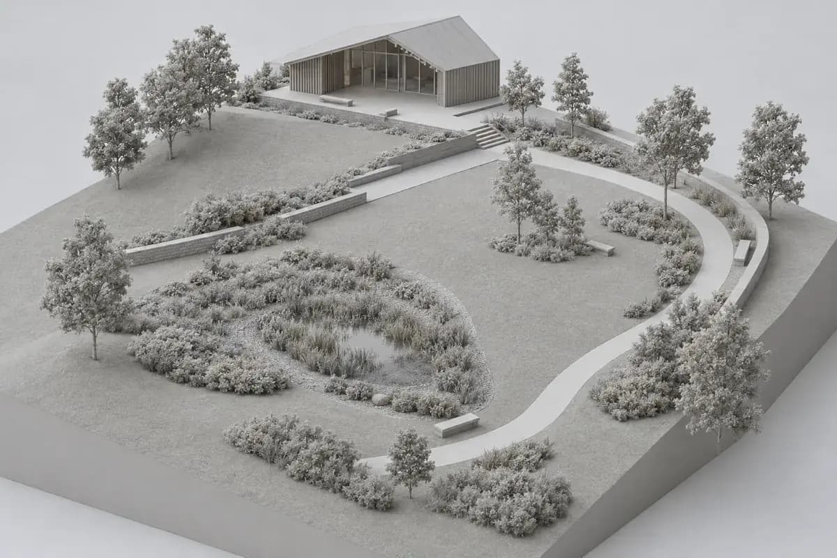 Synthetic clay site model of a pavilion and public garden before landscape rendering