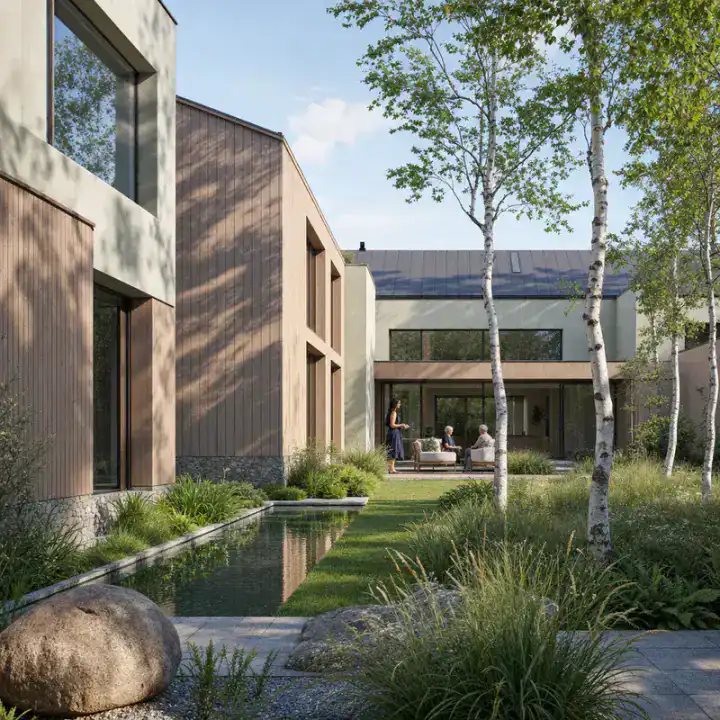 Nordic courtyard house in neutral late-morning daylight