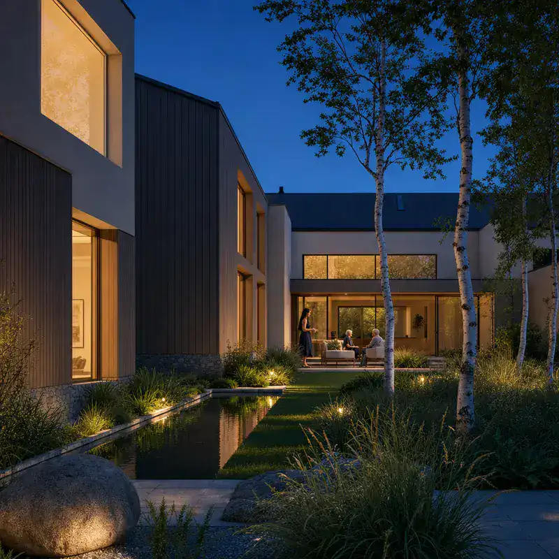 The same Nordic courtyard house at blue hour with warm interior light