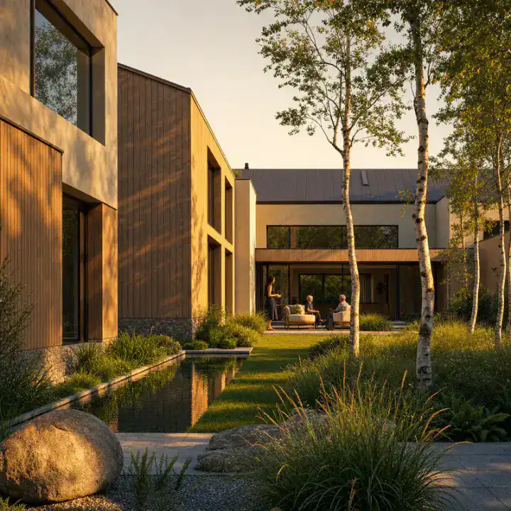 The same Nordic courtyard house in late golden-hour light