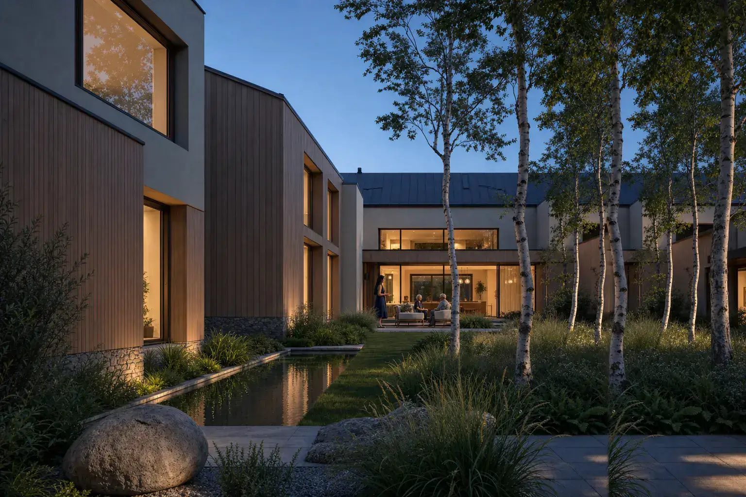 Nordic courtyard house lit at the transition from golden hour to blue hour
