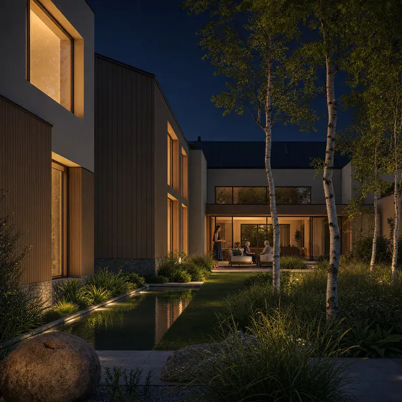 The same Nordic courtyard house at night with selective warm lighting