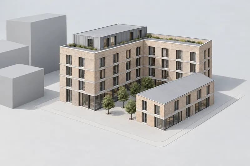 Buff brick and zinc facade direction applied to the same massing with pale context blocks