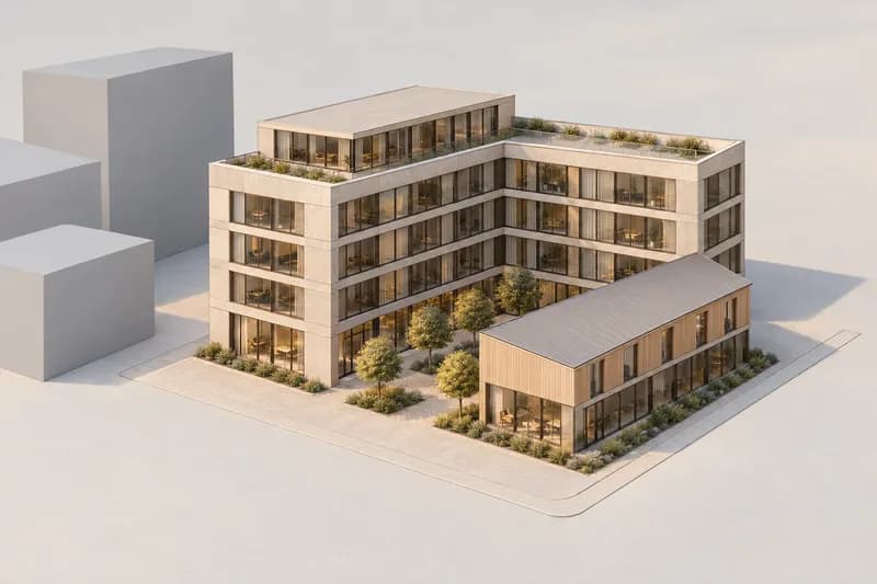 Precast concrete and glazing facade direction applied to the same massing with pale context blocks