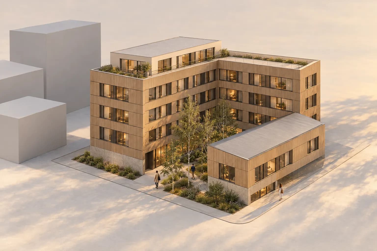 Golden-hour render of an L-shaped mixed-use block derived from a white massing model, with context kept as pale massing