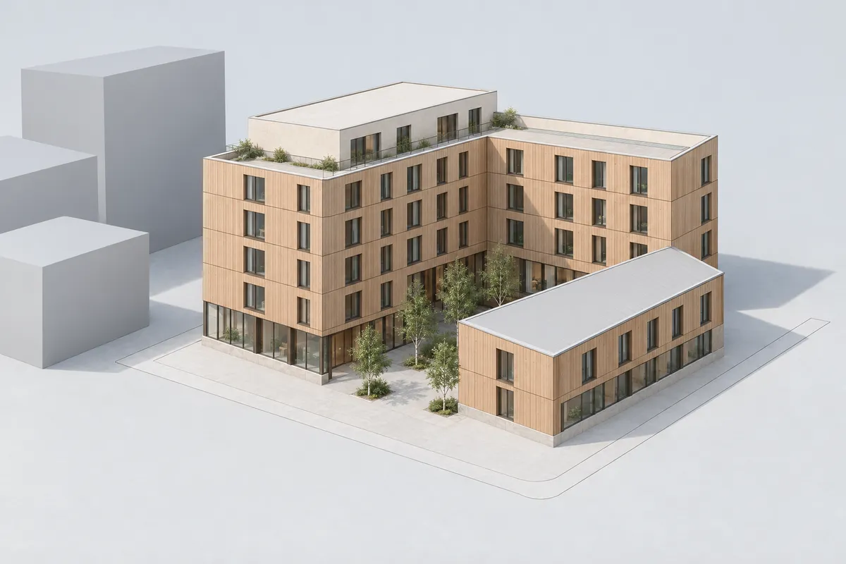 Daylight material study of the same massing with oak cladding, rendered top floor, and pale context blocks