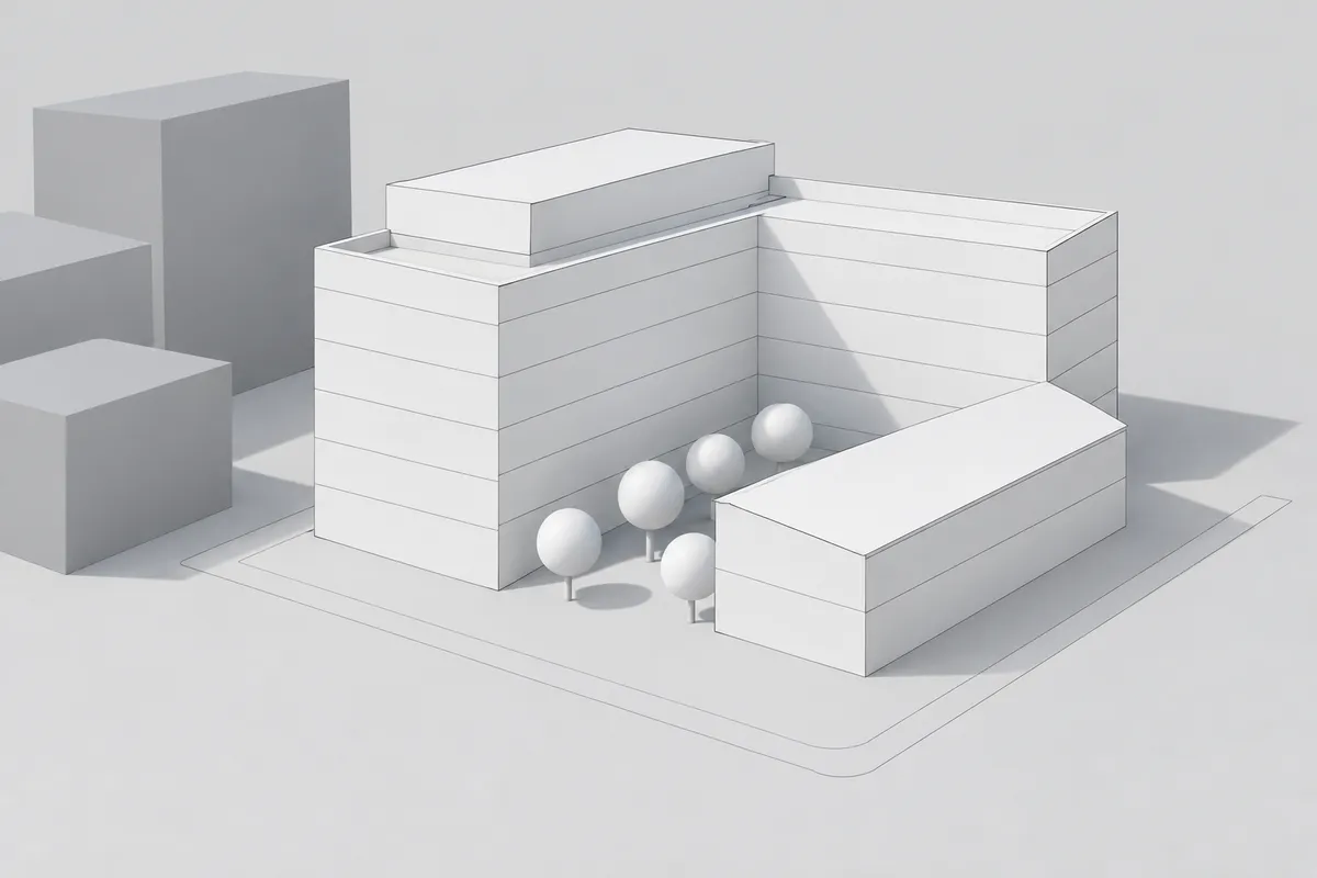 Synthetic white massing model of an L-shaped mixed-use block with a setback top floor and grey context blocks