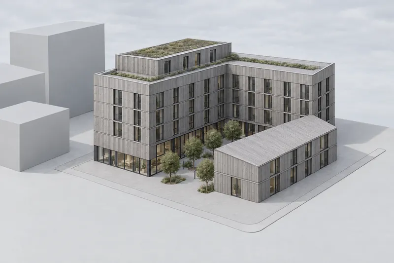 Weathered timber facade direction applied to the same massing with pale context blocks