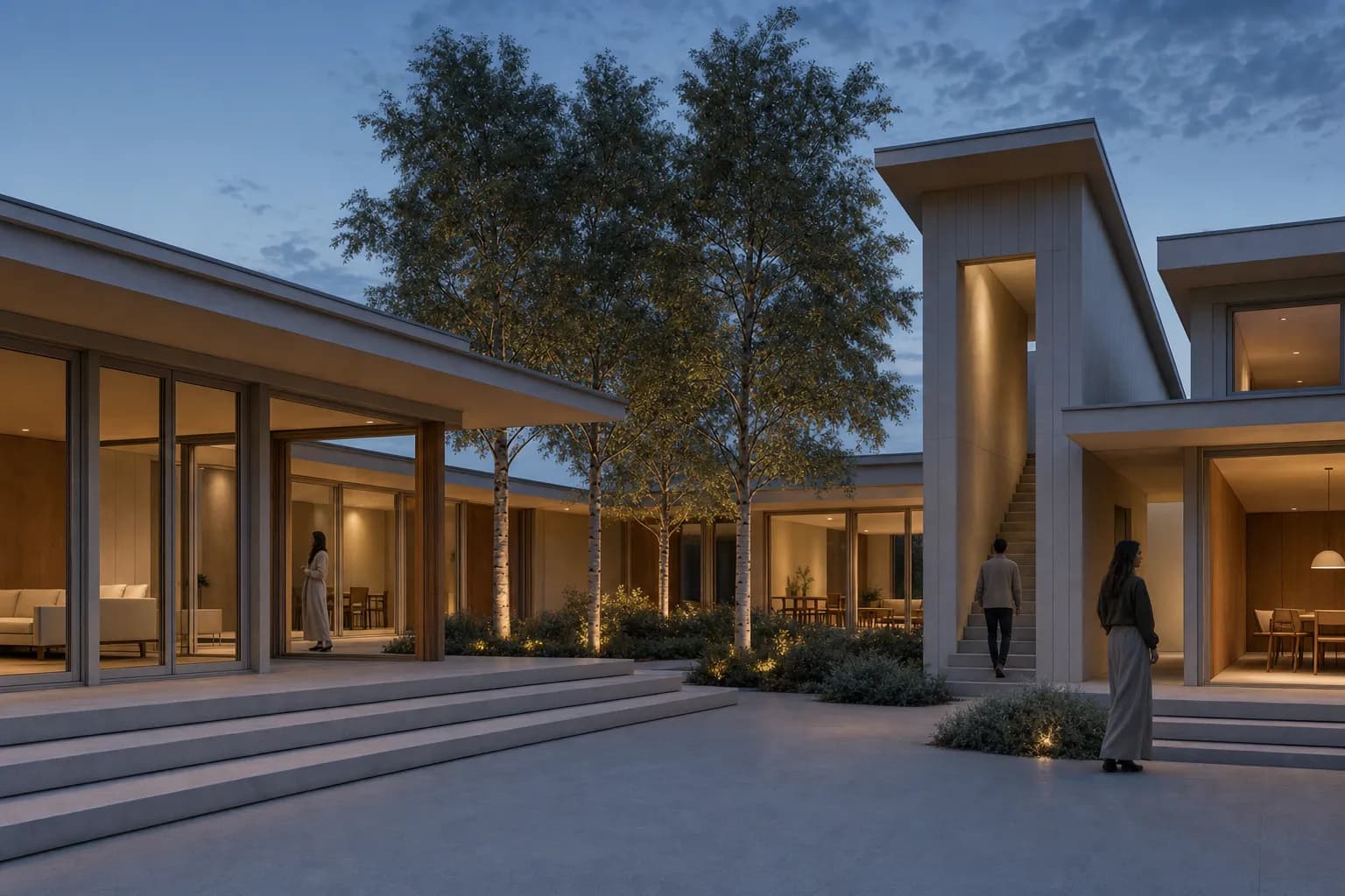 Portfolio hero render of a Nordic courtyard house at blue hour