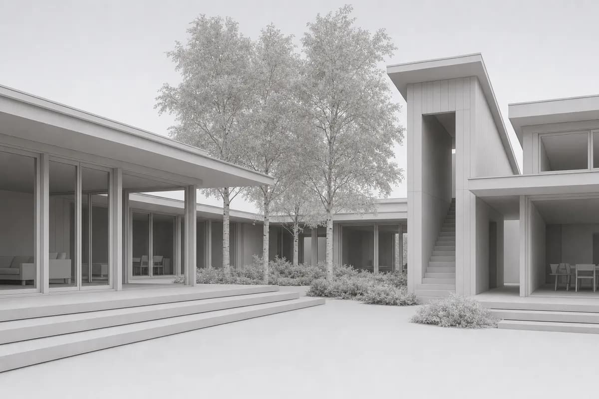 Synthetic clay model view of a Nordic courtyard house before portfolio rendering