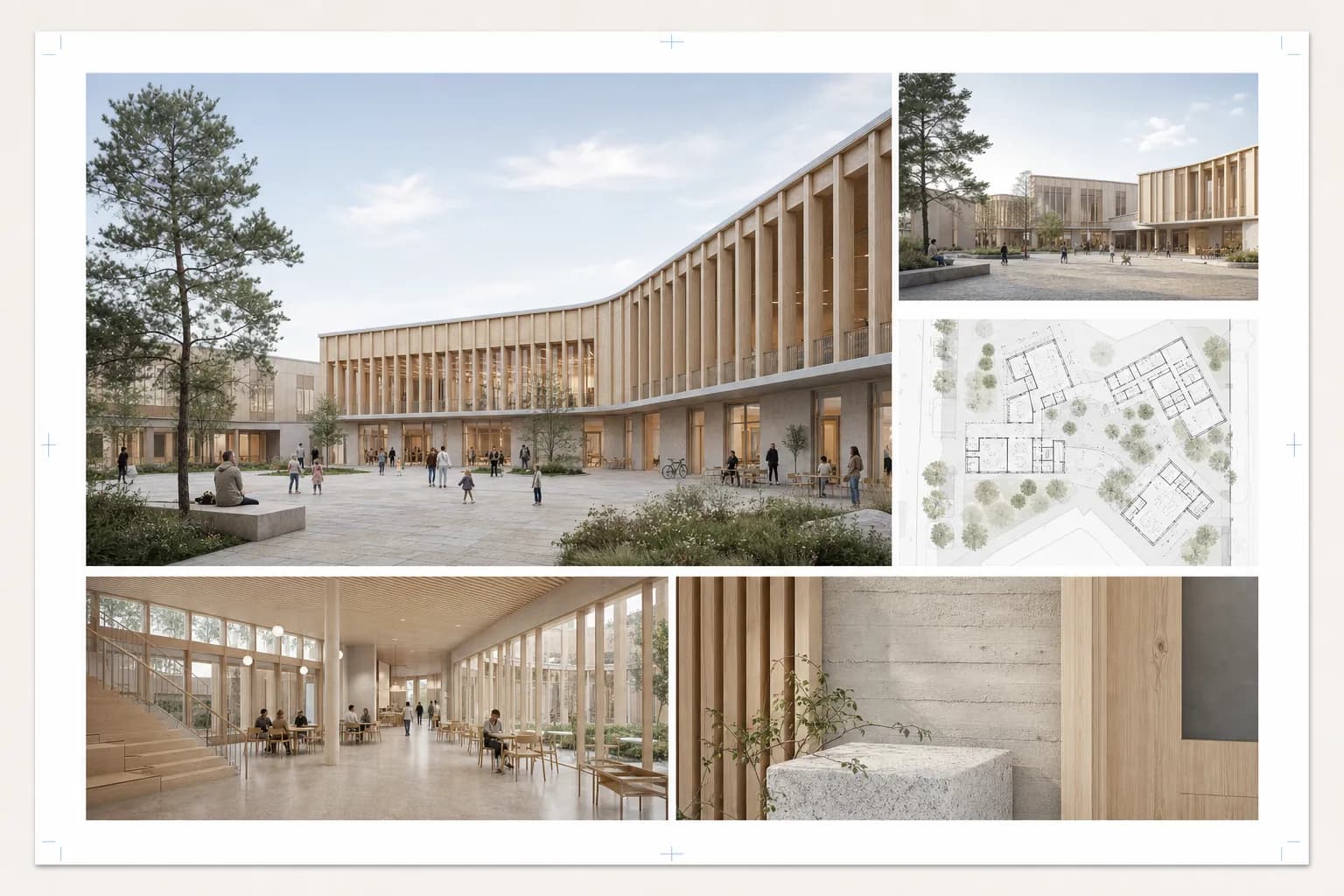 Architecture presentation board with one lead render and a clear supporting image hierarchy