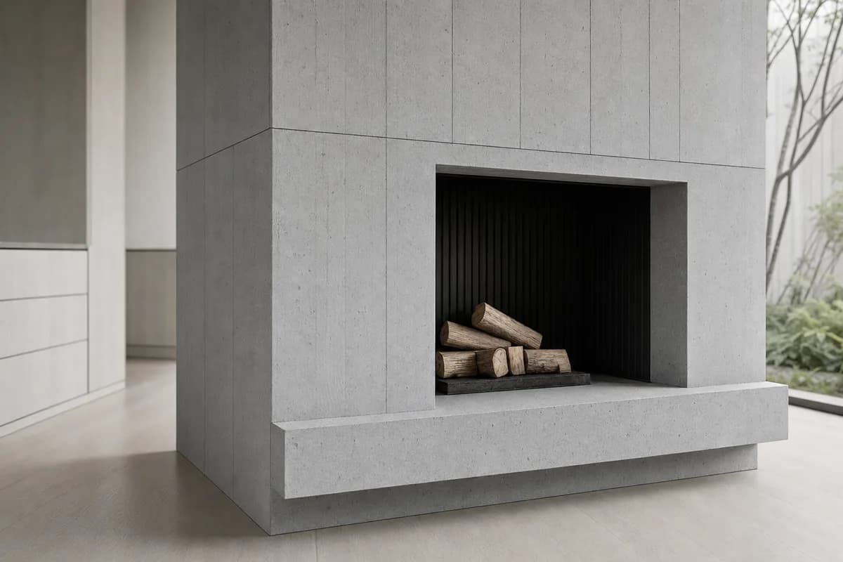 Close crop of board-formed concrete showing grain, panel joints, and a clean fireplace reveal