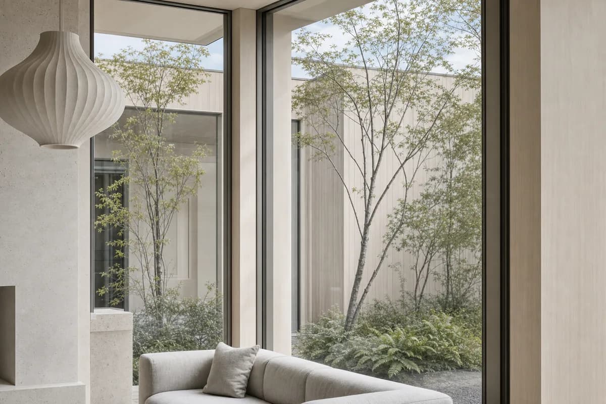 Close crop of clear glazing showing mullion depth, interior visibility, and restrained reflections
