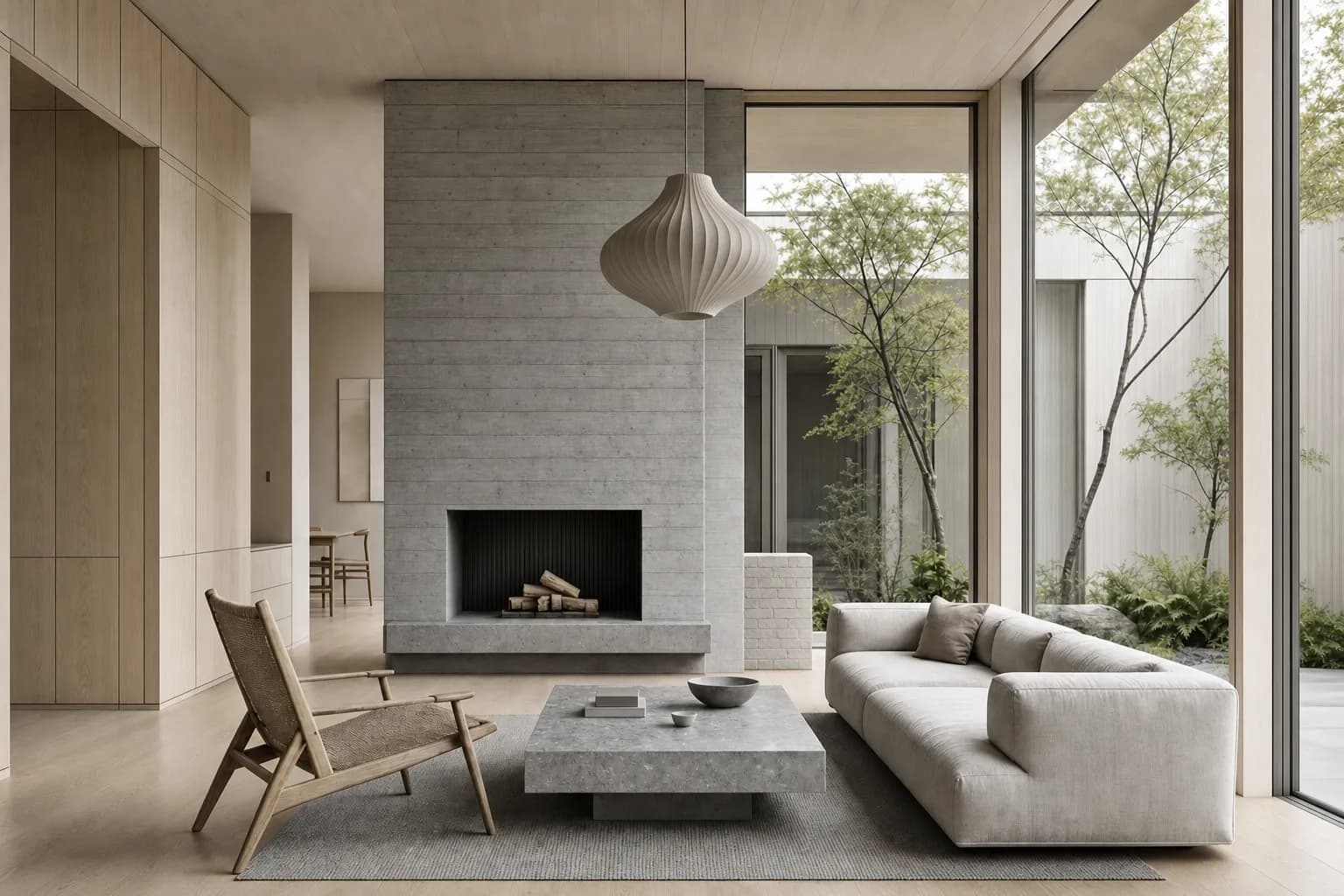 Nordic living room material study with concrete, oak, clear glazing, brick, and lime-wash