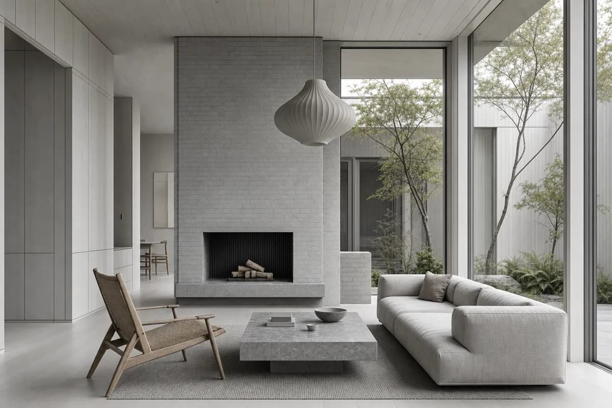 Synthetic neutral model view of a Nordic living room used as the fixed material-study source