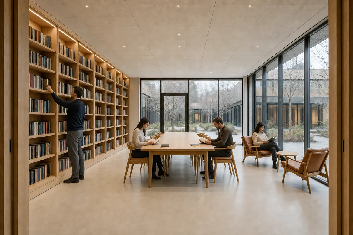 The same library reading room with four restrained readers and clear aisles