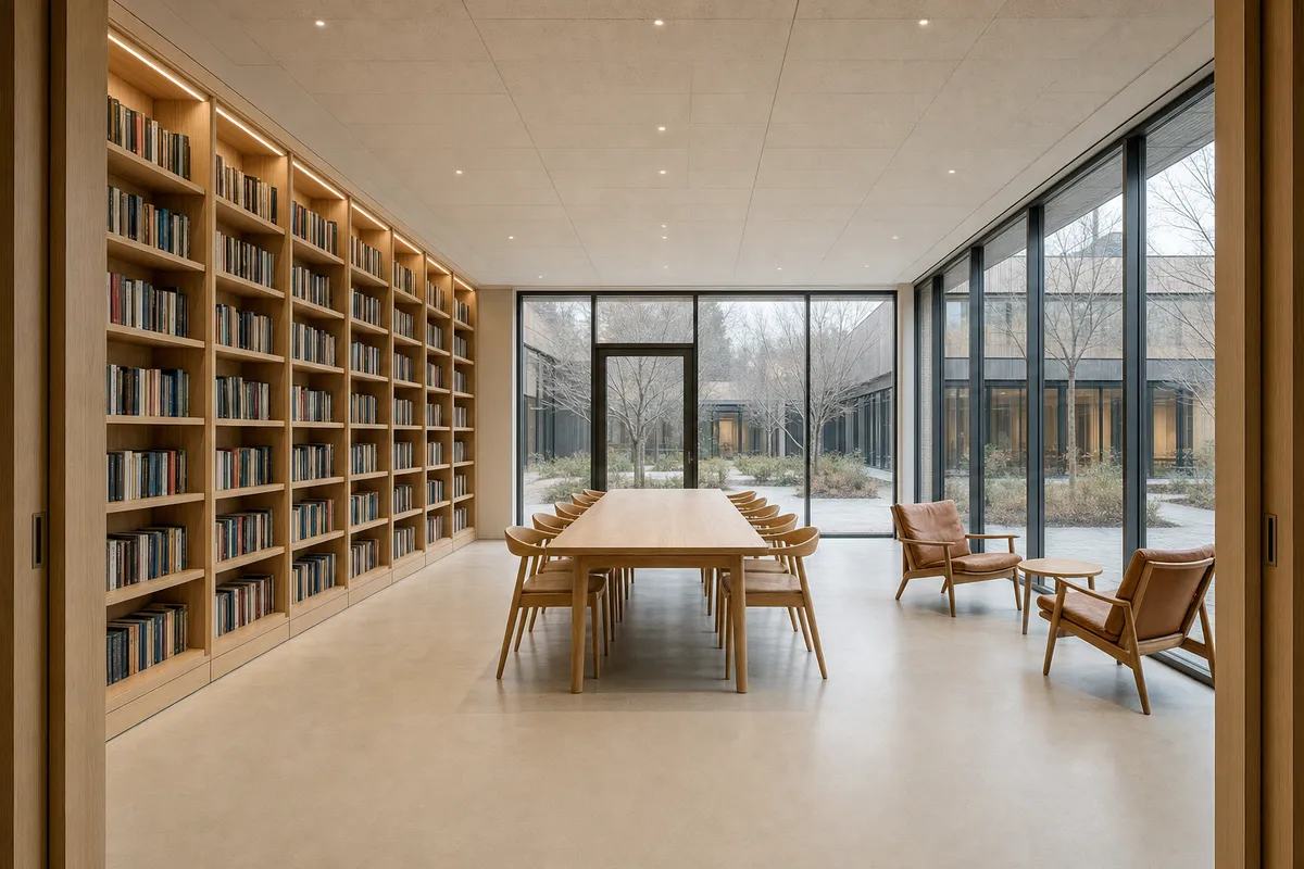 Empty Nordic library reading room used as the fixed interior entourage study