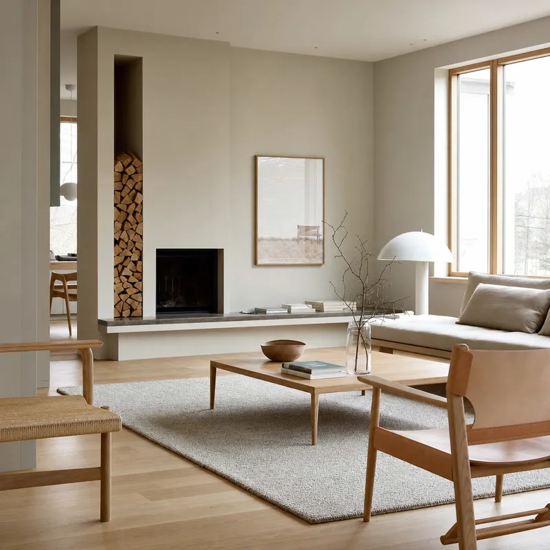 The same living room in a warm oak-and-linen palette