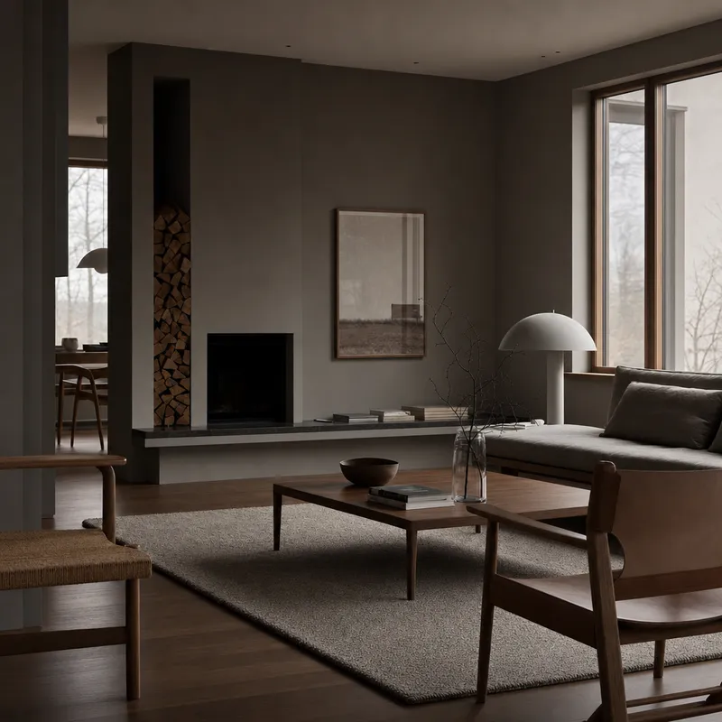 The same living room in a darker walnut-and-charcoal palette