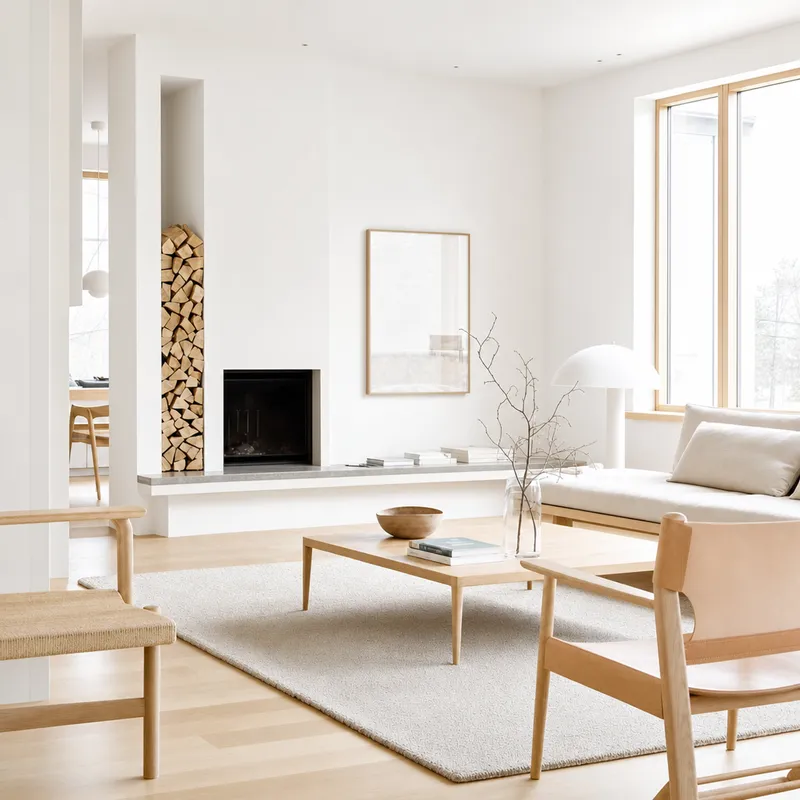 The same living room in a light white-and-oak palette
