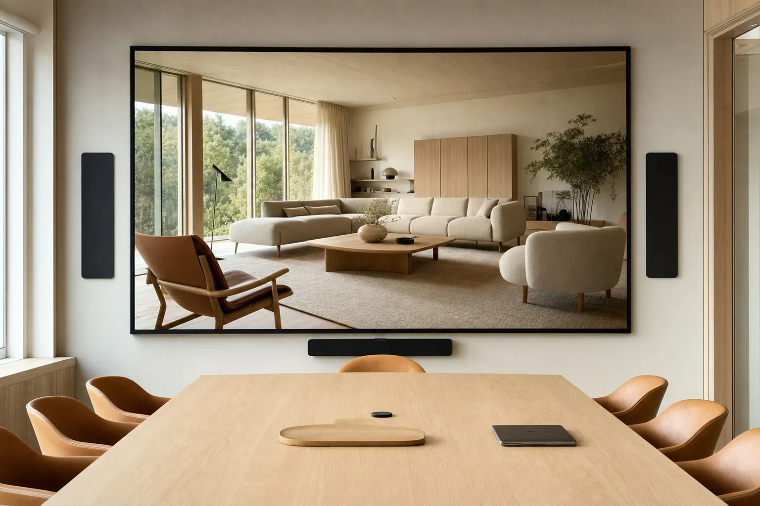 A calm client presentation with an architectural render