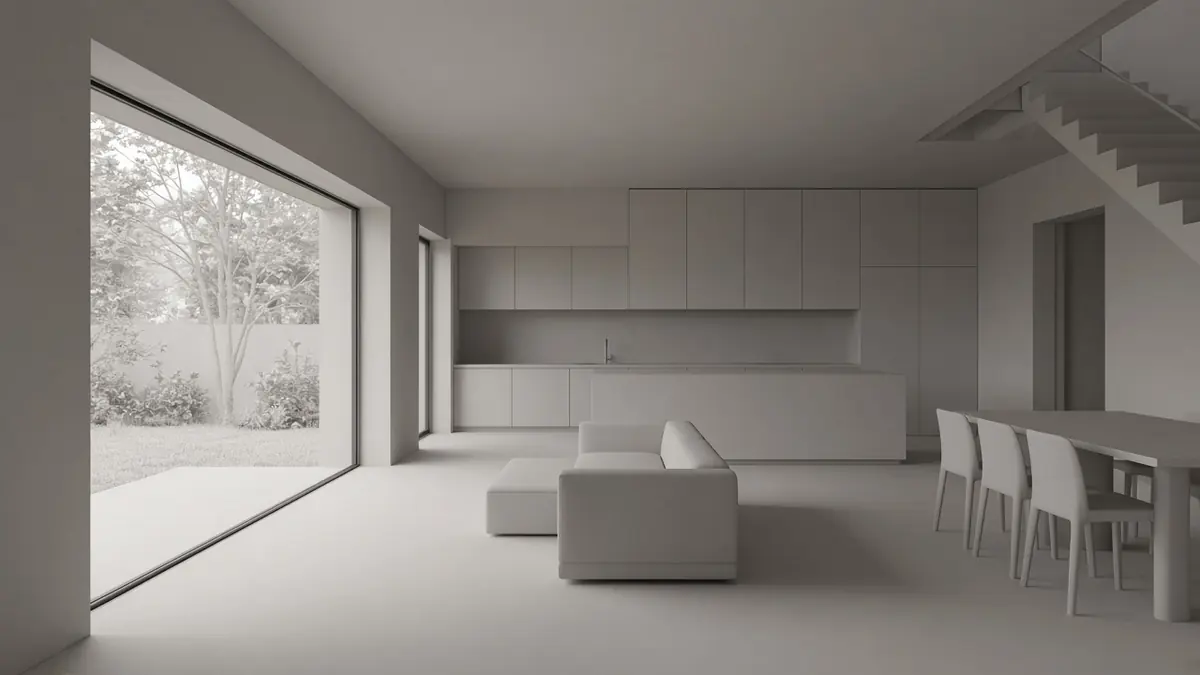 Synthetic clay model view of a residential living room and kitchen