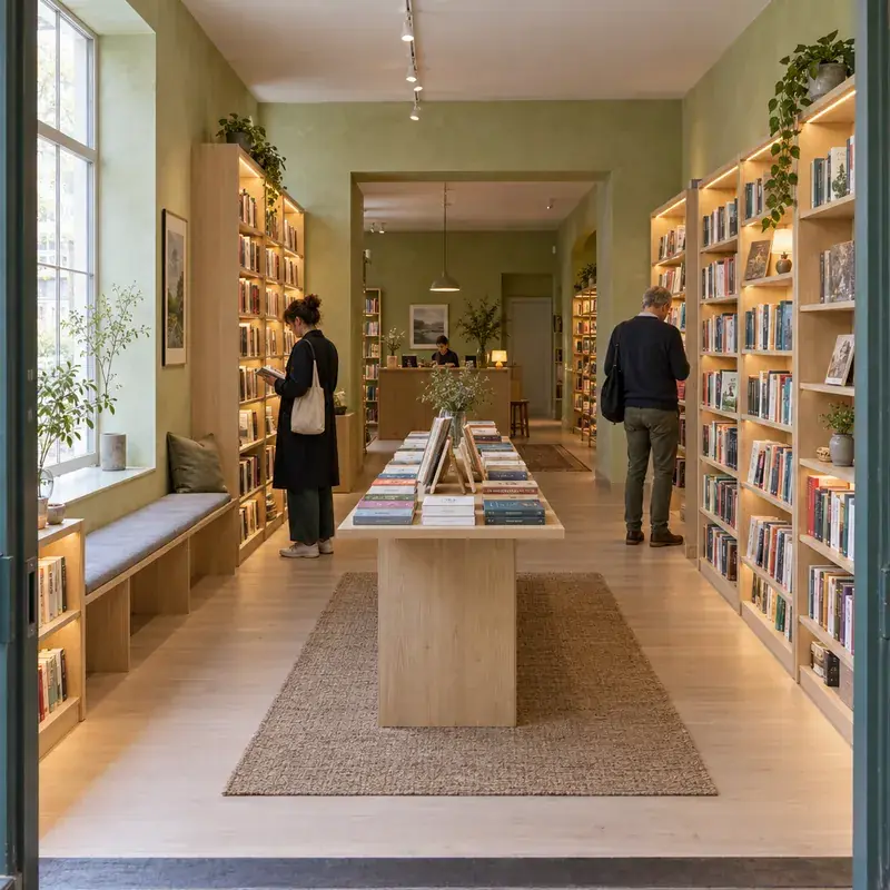 Small bookshop with layered shelving, a central table, and a clear route