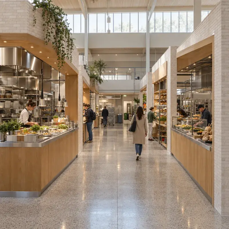 Nordic food hall with a clear central aisle and legible service counters