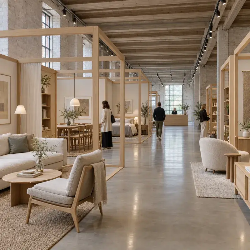 Furniture showroom with open display zones and a long customer sightline