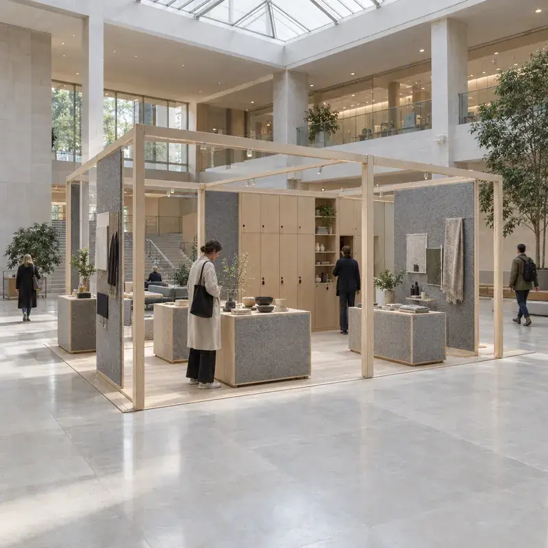Temporary retail pavilion with demountable fixtures and clear circulation
