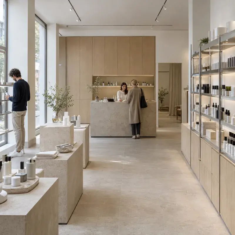 Compact skincare store with restrained displays and a consultation counter