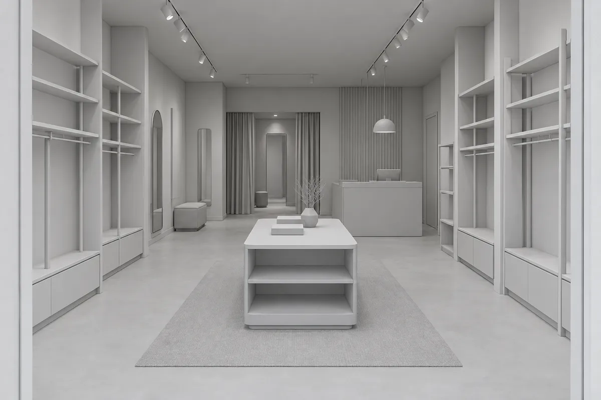 Synthetic clay model view of a retail interior before rendering