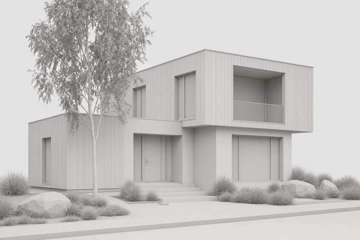 Bare clean CAD viewport screenshot of a Scandinavian house before AI rendering