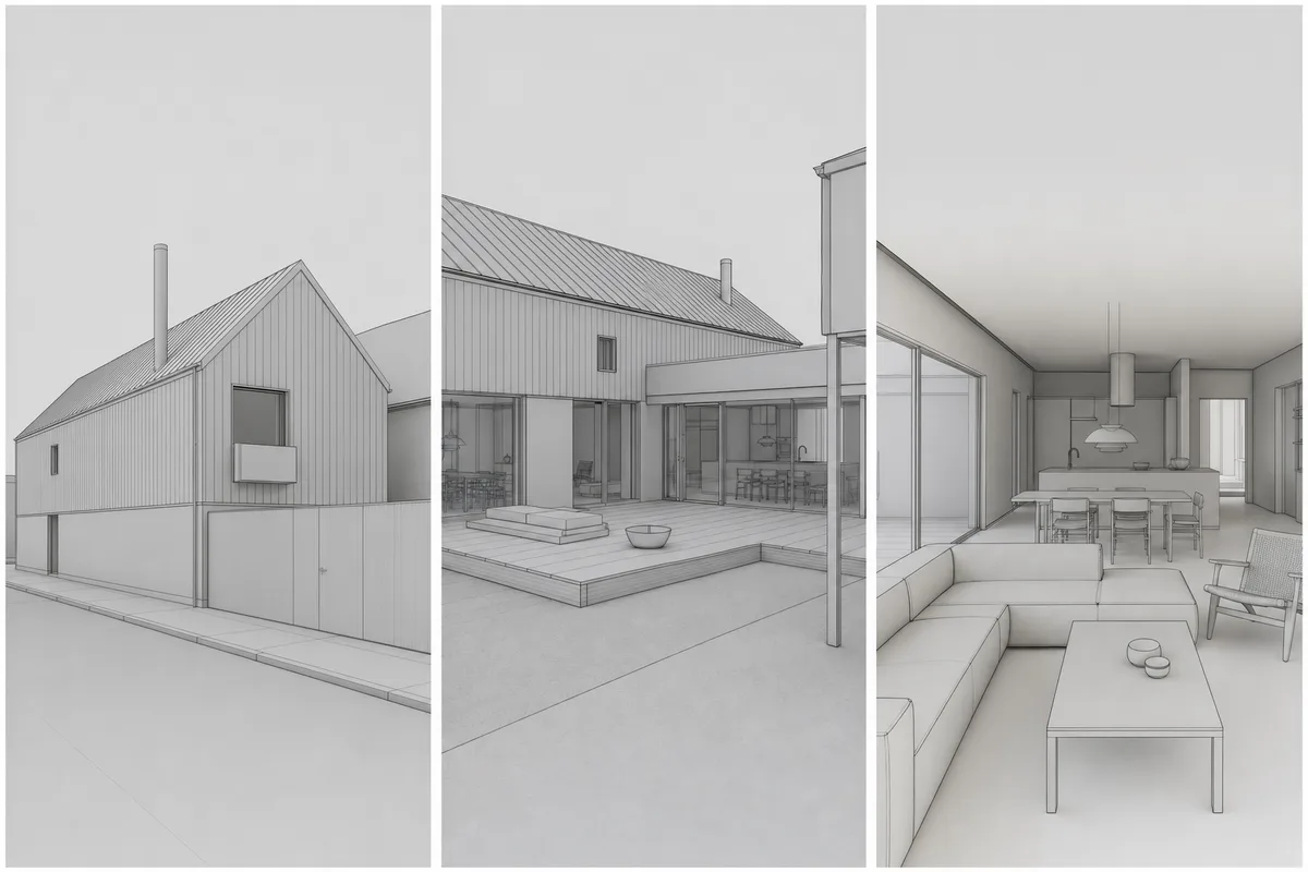 Three clean source views prepared from one architectural model