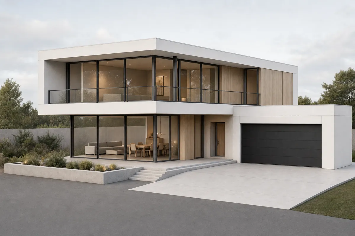 The same house rendered photorealistically with the camera kept