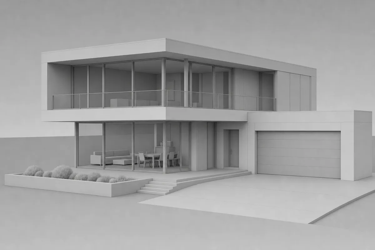 A plain grey 3D model viewport screenshot of a Scandinavian house