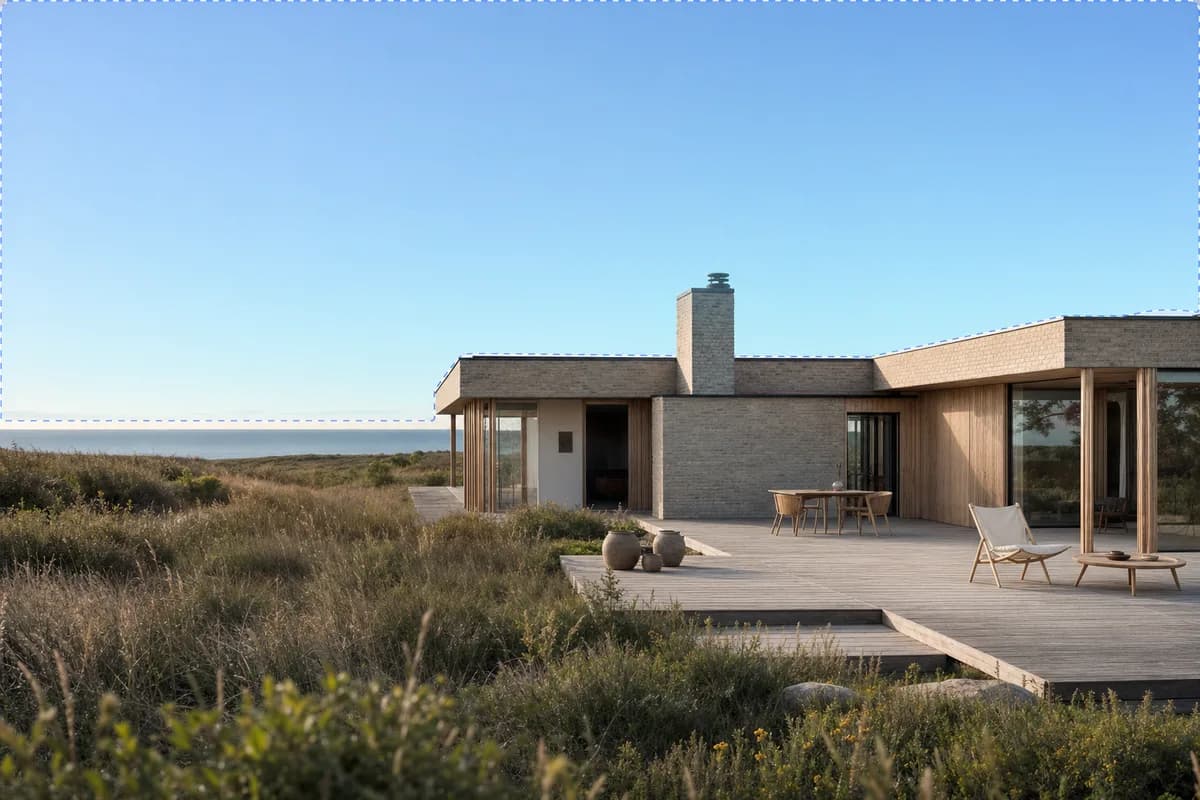 A house render with a soft sky-blue brushed mask over the sky, showing an isolated region edit