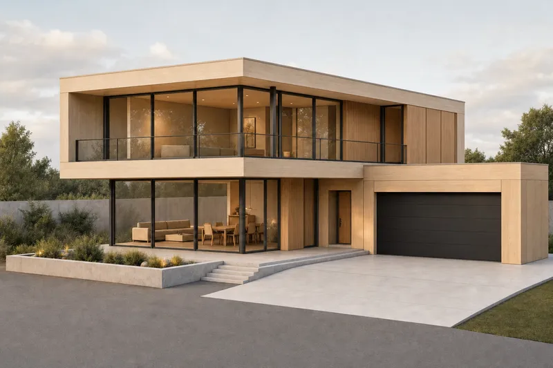 The same house render in a warm timber-forward style
