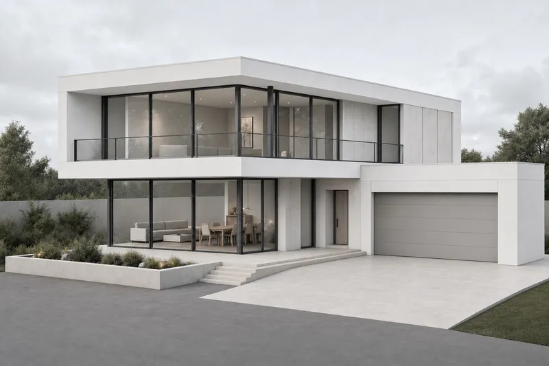 The same house render in a white render and matte stone style