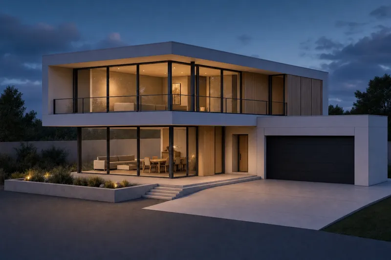 The same house render at dusk with warm interior light