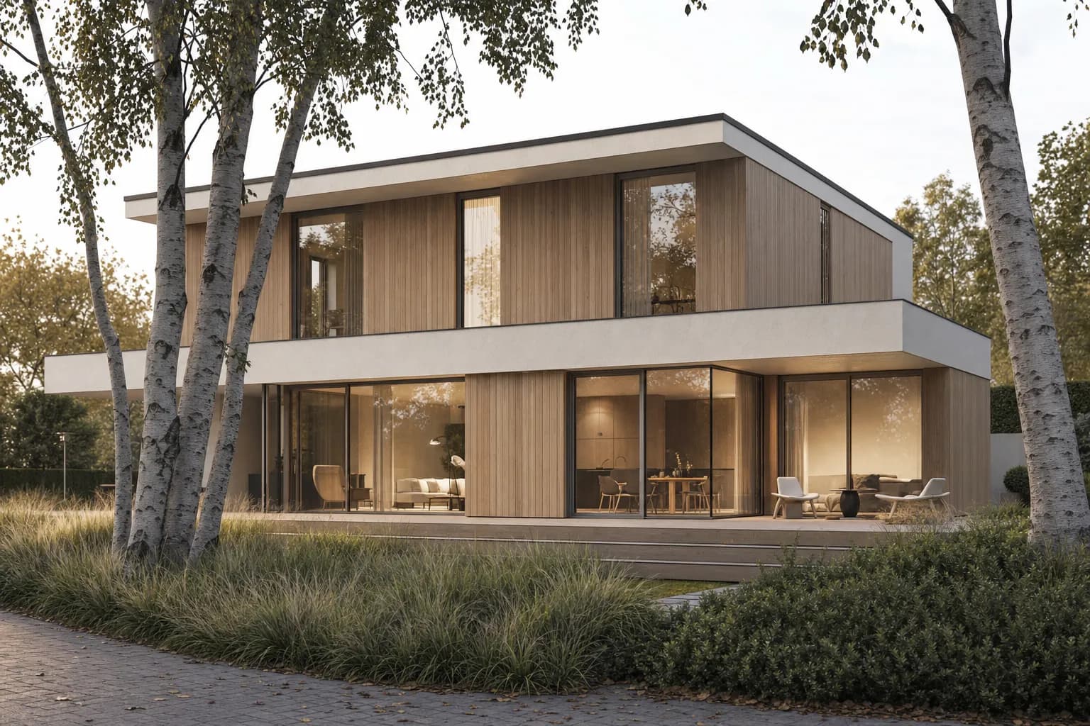 A flat 3D model viewport screenshot beside its photorealistic Scandinavian house render